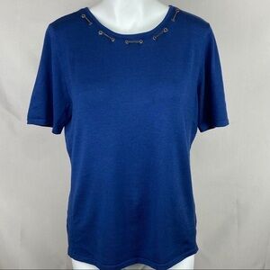 City Girl Blue Silk Tee Shirt with Chain Accent